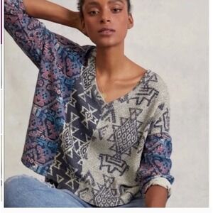PILCRO Anthropologie XS Waffle‎ Knit V Neck Long Sleeve Top Aztec Tribal Boho